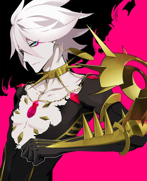 Anime picture 1134x1400 with fate (series) fate/grand order karna (fate) lam (ramdayo) single tall image looking at viewer fringe short hair hair between eyes silver hair upper body aqua eyes boy gloves black gloves single earring spikes