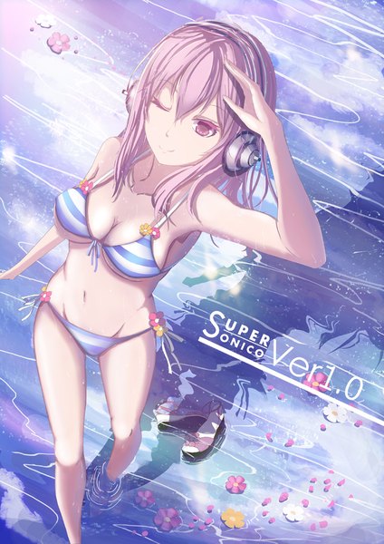 Anime picture 800x1131 with nitroplus super sonico tenko single long hair tall image breasts light erotic smile hair between eyes large breasts bare shoulders pink hair one eye closed pink eyes barefoot from above sunlight bare belly bare legs