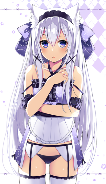 Anime picture 1000x1743 with rokudenashi majutsu kouji to akashic record lidenfilms sistine fiber kurebayashi noe single long hair tall image looking at viewer blush fringe open mouth light erotic simple background hair between eyes standing white background purple eyes animal ears payot silver hair