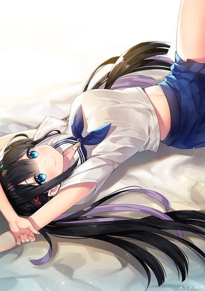 Anime picture 800x1138 with original miyawaki sana ayami (annahibi) single long hair tall image looking at viewer blush fringe breasts blue eyes black hair smile hair between eyes lying pleated skirt multicolored hair fingernails from above arms up