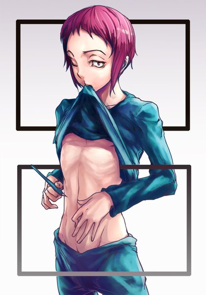 Anime picture 700x1000 with bakuman. j.c. staff nizuma eiji tama (pixiv1016552) single tall image short hair red eyes standing holding red hair one eye closed bare belly gradient background mouth hold groin eyebrows boy