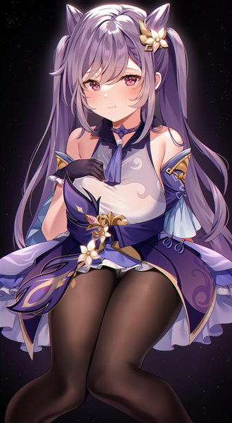 Anime picture 1100x2000 with genshin impact keqing (genshin impact) reel (riru) single long hair tall image looking at viewer blush fringe breasts light erotic simple background hair between eyes large breasts sitting twintails bare shoulders payot purple hair bent knee (knees)