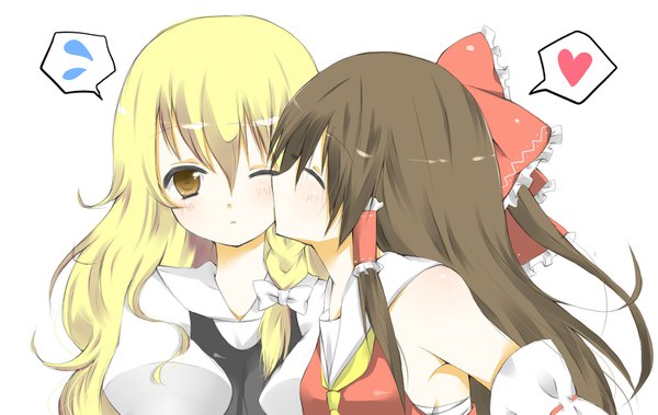 Anime picture 1503x950 with touhou hakurei reimu kirisame marisa kanyappe long hair looking at viewer blush fringe blonde hair simple background hair between eyes brown hair white background multiple girls yellow eyes upper body braid (braids) eyes closed profile one eye closed