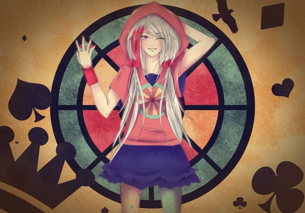 Anime picture 3000x2100 with utau heiseine ariku neon-virus single long hair looking at viewer highres twintails silver hair red hair one eye closed pink eyes multicolored hair wink two-tone hair low twintails hand on head girl skirt hair ornament