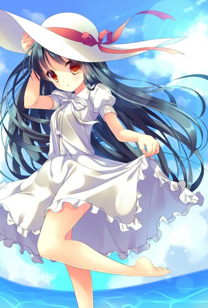 Anime picture 1350x2000 with original nametakenoko single long hair tall image looking at viewer red eyes blue hair sky cloud (clouds) girl dress hat sea sundress