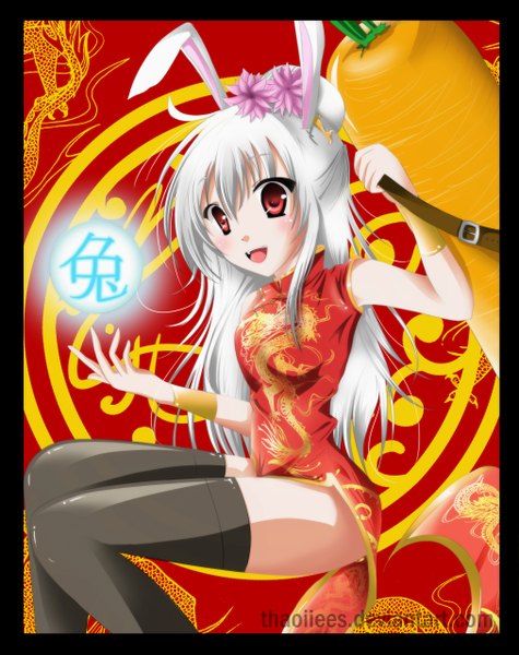 Anime picture 2024x2556 with original thaoiiees single long hair tall image blush highres open mouth smile red eyes white hair hair flower bunny ears hieroglyph chinese clothes framed girl thighhighs hair ornament black thighhighs