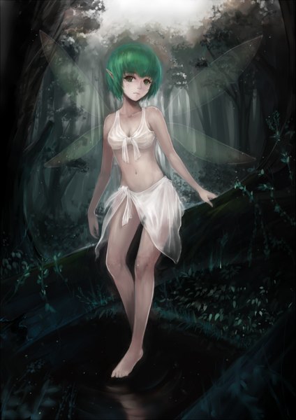 Anime picture 1187x1680 with original sola7764 single tall image short hair green eyes barefoot pointy ears aqua hair midriff weightlessness fairy girl navel wings tree (trees) water forest