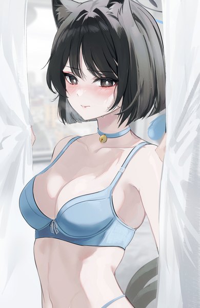 Anime picture 3899x6000 with blue archive kikyou (blue archive) jaduade single tall image blush highres short hair light erotic black hair animal ears absurdres upper body tail animal tail black eyes cat ears cat tail embarrassed girl