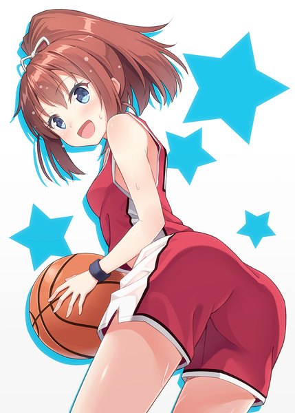 Anime picture 800x1119 with original hyuuga azuri single long hair tall image looking at viewer open mouth blue eyes brown hair ponytail girl uniform gym uniform ball basketball ball basketball uniform