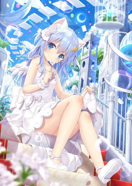 Anime-Bild 711x1000 mit original yano mitsuki single long hair tall image looking at viewer blush fringe blue eyes light erotic smile hair between eyes sitting holding animal ears blue hair sky cloud (clouds) outdoors head tilt