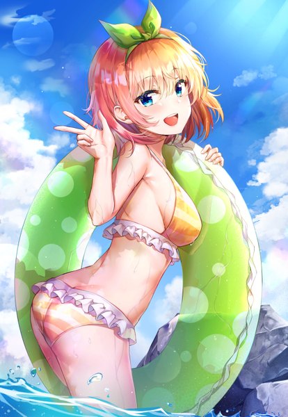 Anime picture 2000x2894 with go-toubun no hanayome nakano yotsuba nyung single tall image looking at viewer blush fringe highres short hair breasts open mouth blue eyes light erotic smile hair between eyes sky cloud (clouds) :d sunlight