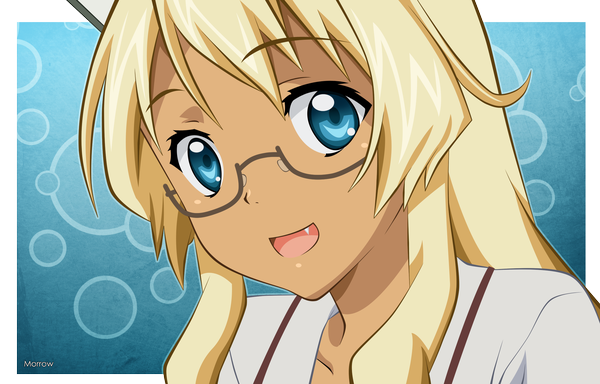 Anime picture 2400x1536 with mayo chiki! feel (studio) narumi nakuru morrow single long hair looking at viewer highres open mouth blue eyes blonde hair :d teeth fang (fangs) girl glasses