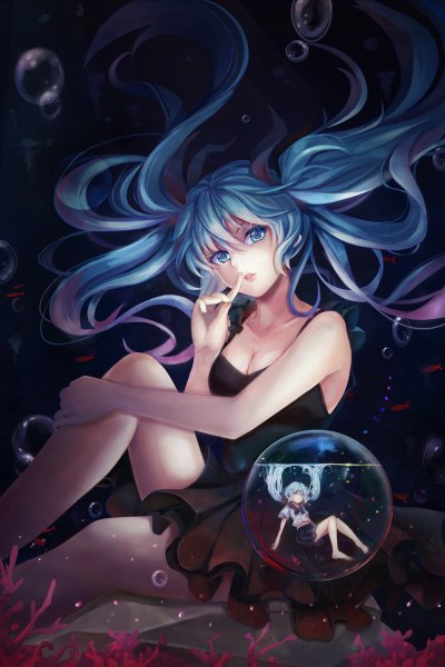 Anime picture 800x1200 with vocaloid shinkai shoujo (vocaloid) hatsune miku bottle miku l.bou single tall image looking at viewer open mouth blue eyes twintails blue hair very long hair dark background underwater revision liquid hair girl dress black dress