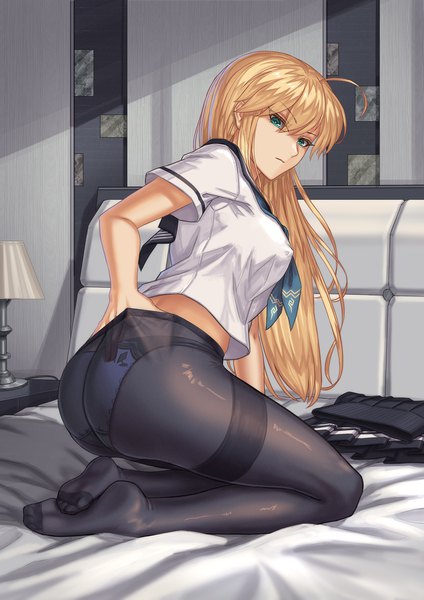 Anime picture 1653x2339 with fate (series) fate/grand order artoria pendragon (all) artoria pendragon (lancer) nairobi song single long hair tall image fringe breasts light erotic blonde hair hair between eyes sitting payot full body ahoge bent knee (knees) ass indoors