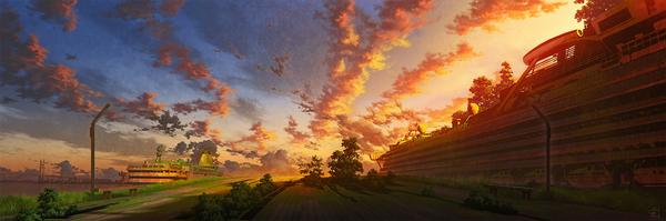 Anime picture 1600x533 with original mocha (cotton) wide image sky cloud (clouds) evening no people landscape ruins overgrown plant (plants) tree (trees) building (buildings) grass watercraft lamppost ship