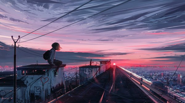 Anime picture 1920x1080 with original aenami single highres short hair brown hair wide image sitting looking away sky cloud (clouds) full body city evening sunset cityscape scenic fog girl animal