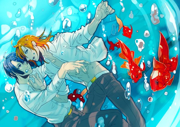 Anime picture 2480x1753 with uta no prince-sama a-1 pictures jinguji ren hijirikawa masato eriojisan highres short hair open mouth blue eyes blonde hair blue hair aqua eyes open clothes multiple boys open shirt couple underwater shounen ai boy uniform