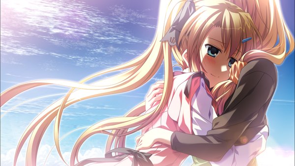 Anime picture 1278x718 with supipara amano angeline hotaru nanao naru long hair blush blue eyes blonde hair wide image twintails multiple girls game cg hug girl 2 girls