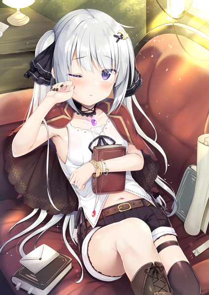 Anime picture 1254x1771 with original tomoo (tomo) single long hair tall image looking at viewer blush fringe purple eyes twintails holding payot silver hair bent knee (knees) blunt bangs nail polish parted lips one eye closed sunlight reclining