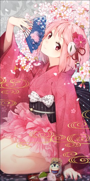 Anime picture 650x1300 with original hakusai (tiahszld) single tall image looking at viewer short hair smile red eyes sitting holding pink hair nail polish traditional clothes head tilt japanese clothes hair flower mole wide sleeves arm support mole under eye