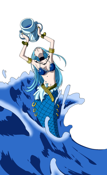 Anime-Bild 1024x1665 mit fairy tail aquarius (fairy tail) silent-shanin single long hair tall image blue hair eyes closed coloring transparent background fish tail girl navel swimsuit earrings bikini water jewelry ring pitcher