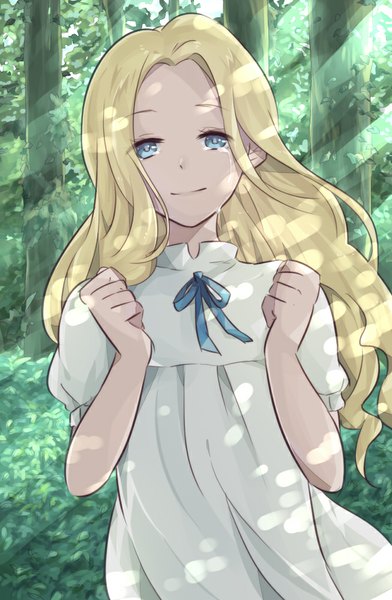 Anime picture 653x1000 with omoide no marnie studio ghibli marnie torata single long hair tall image looking at viewer blonde hair smile sunlight short sleeves tears drill hair happy wavy hair sunbeam girl ribbon (ribbons) plant (plants)