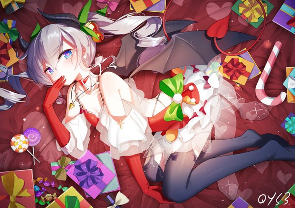 Anime picture 1500x1061 with niliu chahui xiyin qys3 single long hair looking at viewer blush fringe blue eyes light erotic hair between eyes twintails signed silver hair tail horn (horns) no shoes drill hair symbol-shaped pupils christmas