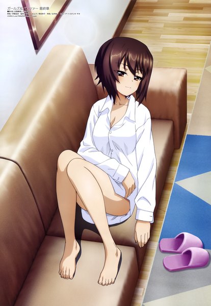 Anime picture 4082x5923 with girls und panzer megami magazine nishizumi maho itou takeshi single tall image looking at viewer fringe highres short hair light erotic brown hair brown eyes absurdres cleavage indoors lying long sleeves barefoot from above