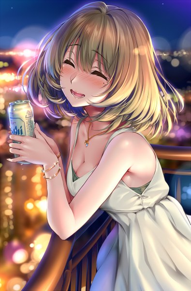 Anime picture 809x1229 with idolmaster idolmaster cinderella girls asahi (company) asahi (beer) takagaki kaede piromizu single tall image blush short hair open mouth blonde hair smile standing bare shoulders holding sky cleavage eyes closed head tilt