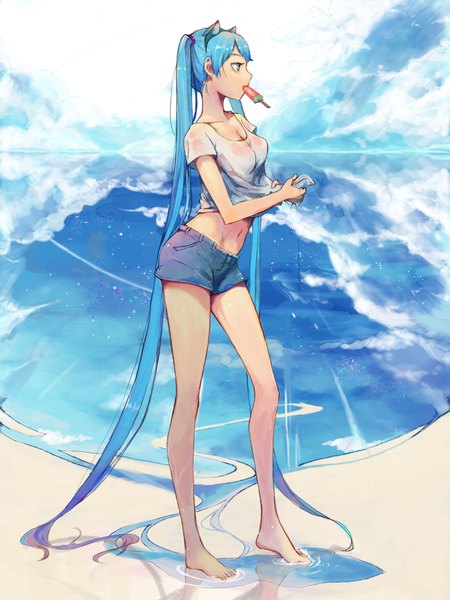 イラスト 1772x2362 と ボーカロイド 初音ミク ringo (ruoyuwang) ソロ 長身像 highres ツインテール 獣耳 looking away 空 cloud (clouds) very long hair aqua eyes 猫耳 aqua hair bare belly wet reflection wet clothes 女の子