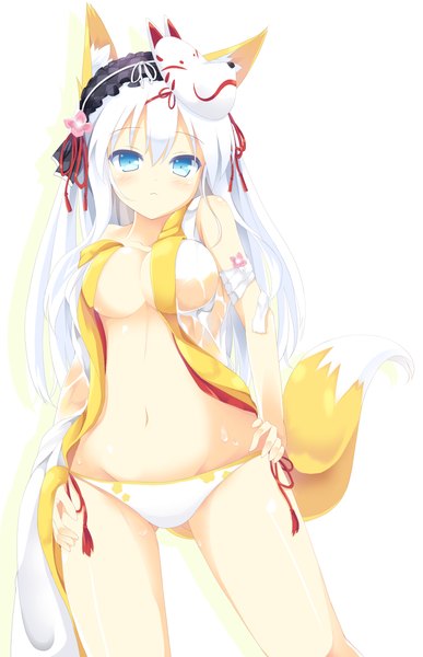 Anime picture 800x1239 with original nibiiro shizuka single long hair tall image looking at viewer blush breasts blue eyes light erotic large breasts animal ears white hair tail animal tail fox ears fox tail fox girl mask on head girl