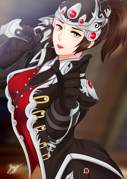 Anime picture 2149x3035 with overwatch blizzard entertainment widowmaker (overwatch) huntress widowmaker gantsuki single tall image looking at viewer highres short hair breasts brown hair large breasts standing holding signed yellow eyes ponytail long sleeves parted lips