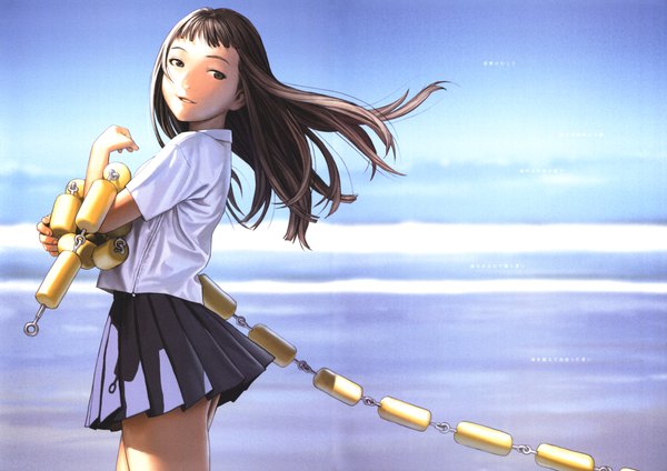 Anime picture 2821x1992 with robot (manga) futurelog (artbook) range murata single long hair looking at viewer highres brown hair brown eyes sky parted lips pleated skirt light smile wind scan girl skirt sea blouse wave (waves)