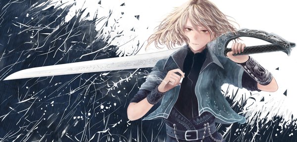 Anime picture 2000x960 with original bounin single looking at viewer highres short hair blonde hair wide image brown eyes smoke expressionless smoking weapon over shoulder abstract girl weapon sword jacket belt cigarette