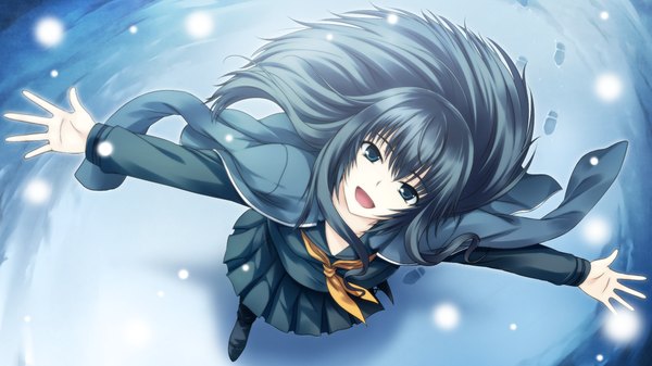 Anime picture 1024x576 with tokyo babel lilith (tokyo babel) long hair open mouth blue eyes black hair wide image game cg snowing spread arms winter snow girl uniform serafuku