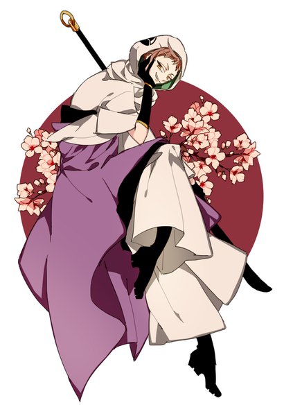 Anime picture 1000x1460 with touken ranbu nitroplus iwatooshi syubare single tall image looking at viewer short hair simple background smile brown hair white background yellow eyes full body traditional clothes japanese clothes teeth cherry blossoms sharp teeth chin rest