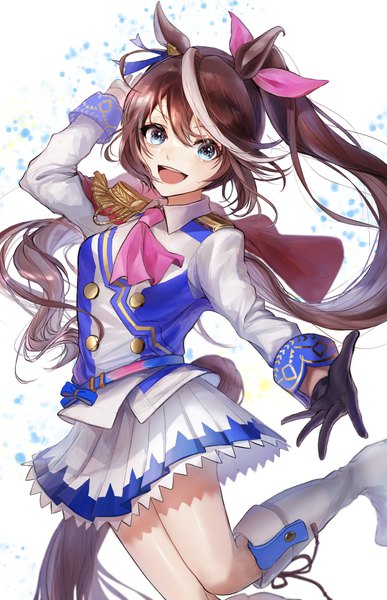 Anime picture 2641x4092 with umamusume tokai teio (umamusume) pipi single long hair tall image looking at viewer fringe highres open mouth blue eyes hair between eyes brown hair white background animal ears ponytail tail :d animal tail pleated skirt