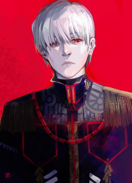 Anime picture 1555x2160 with tokyo ghoul studio pierrot kaneki ken marinapriv single tall image looking at viewer fringe short hair simple background hair between eyes red eyes signed upper body white hair portrait pale skin red background boy uniform