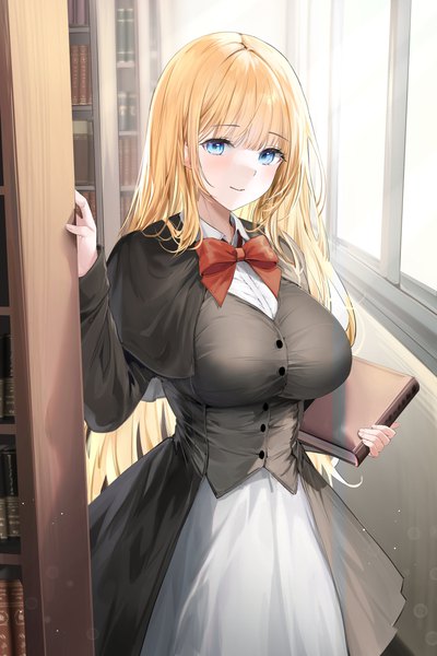 Anime picture 2731x4096 with original lillly single long hair tall image looking at viewer blush fringe highres breasts blue eyes blonde hair smile large breasts standing holding indoors blunt bangs sunlight lens flare