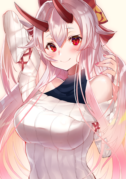 Anime picture 2700x3819 with fate (series) fate/grand order tomoe gozen (fate) felnemo3 single long hair tall image looking at viewer blush fringe highres breasts simple background smile hair between eyes red eyes large breasts bare shoulders silver hair upper body
