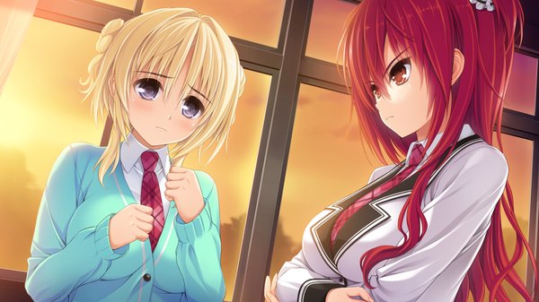 Anime picture 1280x720 with semiramis no tenbin kamio ami anou touko long hair blush short hair blue eyes blonde hair red eyes wide image multiple girls game cg red hair girl uniform 2 girls school uniform window