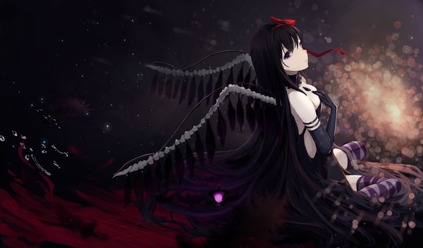 Anime picture 2456x1439 with mahou shoujo madoka magica shaft (studio) akemi homura akuma homura eps3rd single looking at viewer fringe highres open mouth black hair hair between eyes wide image sitting purple eyes full body very long hair hand on chest wariza black wings