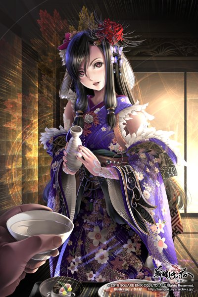 Anime picture 800x1200 with original sumomo kpa long hair tall image looking at viewer blush open mouth black hair red eyes traditional clothes japanese clothes hair flower girl hair ornament flower (flowers) detached sleeves food kimono alcohol kanzashi