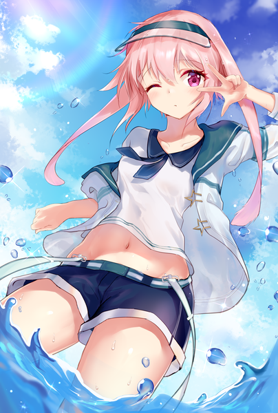 Anime picture 1000x1485 with arknights ansel (arknights) ansel (casual vacation) (arknights) natsuichi-sama single long hair tall image looking at viewer blush fringe standing animal ears pink hair sky cloud (clouds) outdoors one eye closed pink eyes wink sunlight
