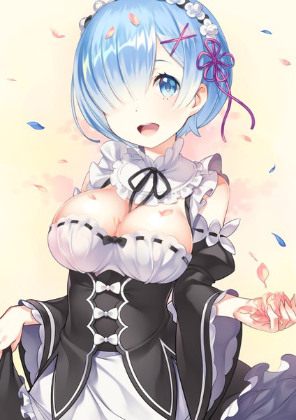 Anime picture 2480x3506 with re:zero kara hajimeru isekai seikatsu white fox rem (re:zero) lasa (lasa1116) single tall image looking at viewer fringe highres short hair breasts open mouth blue eyes light erotic smile large breasts holding blue hair :d hair over one eye