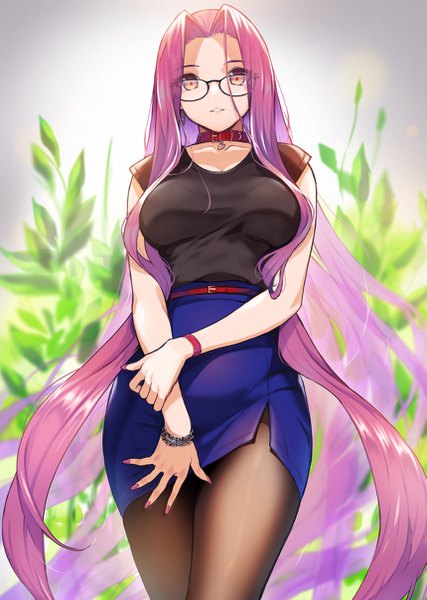 Anime picture 859x1208 with fate (series) fate/stay night rider doushimasho single tall image looking at viewer fringe breasts smile hair between eyes large breasts standing payot purple hair outdoors very long hair nail polish pink eyes fingernails