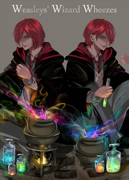 Anime picture 773x1081 with harry potter fred weasley george weasley sarachi yomi tall image looking at viewer short hair simple background smile sitting red hair aqua eyes grey background multiple boys crossed legs magic smoke siblings twins brothers