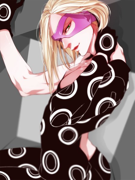 Anime picture 600x800 with jojo no kimyou na bouken melone karukachika single tall image looking at viewer short hair blonde hair green eyes head tilt profile light smile arched back boy bodysuit mask