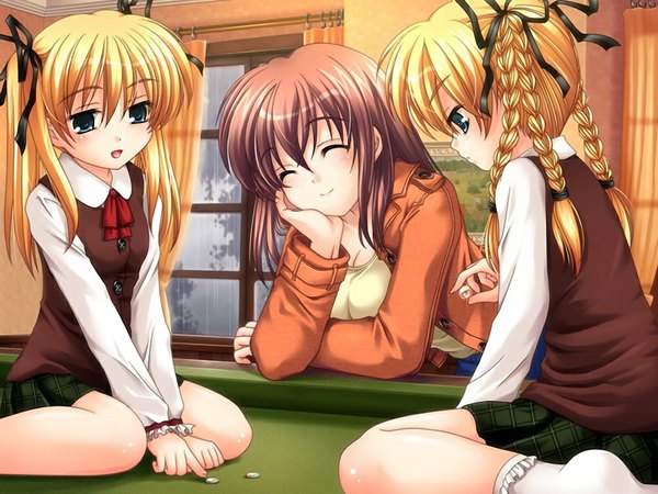 Anime picture 1024x768 with shinju no yakata blue eyes blonde hair brown hair game cg loli girl