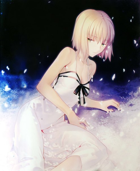 Anime picture 2819x3424 with original takeuchi takashi single tall image highres short hair blonde hair bare shoulders green eyes absurdres cleavage lying cherry blossoms on side sad girl dress bow petals